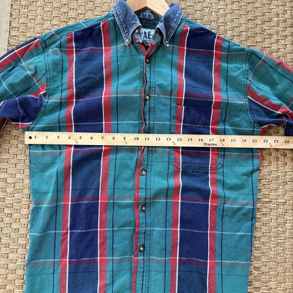 Vintage 90’s American Eagle Plaid Denim Collar Button Up Long Sleeve Men’s Sz S - Picture 9 of 10